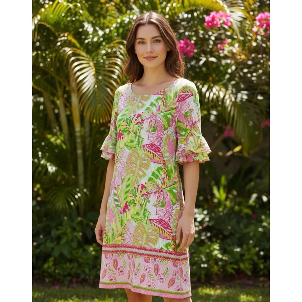 Pappagallo Women’s Oasis Shift Dress Flutter Sleeve Pink Green Tropical Beach L